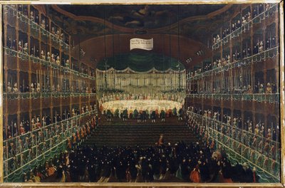 Et måltid i San Benedetto Theatre - "" Reception til ære for nordens fyrster"" Banket, der samler ambassadører. Maleri af Gabriel Bella (1730-1799) Venedig fra det 18. århundrede, Galleria Fondazione Querini Stampalia af Gabriele Bella
