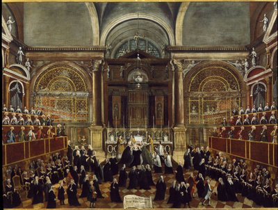 Ceremoni med at tage en nonne kjole i San Lorenzo-kirken i Venedig. Detaljemaleri af Gabriele Bella (1730-1799) 1789 Dim 94x148 cm Venedig Fondazione "" Querini Stampalia"" af Gabriele Bella
