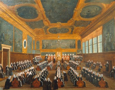 Council of Pregadi, af Gabriel Bella (1730-1799), olie på lærred, 96x149 cm af Gabriele Bella