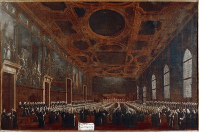Første audiens af Doge of Venedig før det store råd (olie på lærred af Gabriele Bella