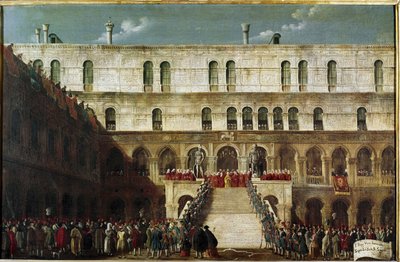 Induktion af Dogen til Geanternes Trappe (Kroning af Dogen på Scala dei Giganti i Venedig) - Maleri af Gabriele Bella (ca. Venedig, Querini Stampalia Foundation af Gabriele Bella