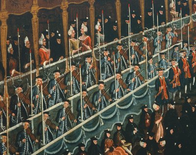 Frokost i San Benito Teater tilbudt af dogen til ære for nordens fyrster, Venedig, af Gabriel Bella (1730-1799), olie på lærred, detalje af Gabriele Bella