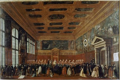 Reception of ambassadors at the Collegio (Venedig, reception of ambassador at the Collegio) - Maleri af Gabriele Bella (ca. 1730-1799), olie på lærred, 99x150 cm. Venedig, Querini Stampalia Foundation af Gabriele Bella