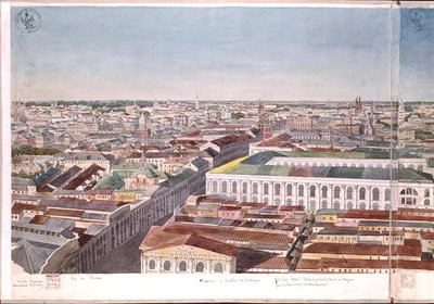 Panorama over Moskva, der viser den tidligere markedsplads og børsen i Gostiny Dvor, 1819 (wc på papir) (se 170139-170146) af Gadolle