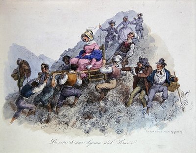 En turist på vej ned fra Vesuv, ca. 1830 (farve litho) af Gaetano (after) Dura