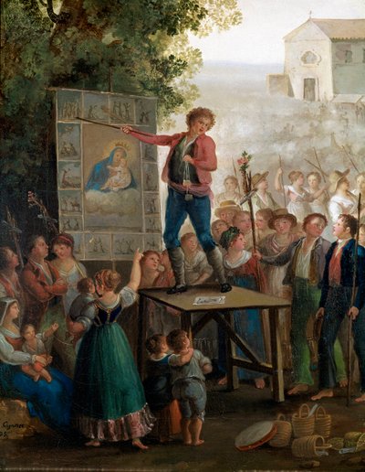 En gadekunstner, der synger Jomfruens mirakler ved festen for Madonna dell