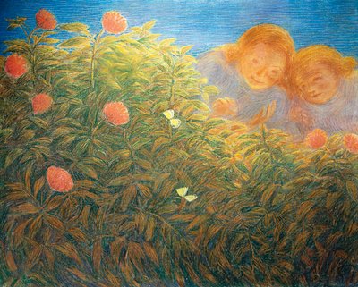 Blomster og sommerfugle, af Gaetano Previati (1852-1920), olie på lærred af Gaetano Previati
