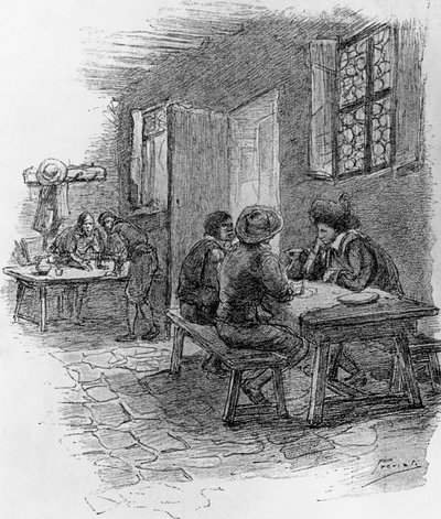 Renzo, Tonio og Gervase på kroen, kapitel VII, illustration af Gaetano Previati (1852-1920) for Trofasthed, historisk roman af Alessandro Manzoni (1785-1873) af Gaetano Previati