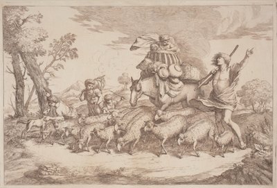 En pastoral rejse med et barn i en kurv til hest af Gaetano Zompini, after Giovanni Benedetto Castiglione