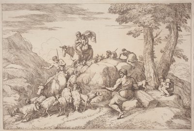 En pastoral rejse med en mor og et barn til hest og en ældre hyrde siddende af Gaetano Zompini, after Giovanni Benedetto Castiglione