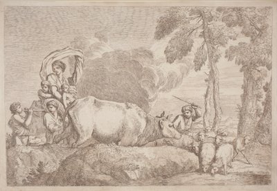 En kvinde med to børn til hest af Gaetano Zompini, after Giovanni Benedetto Castiglione