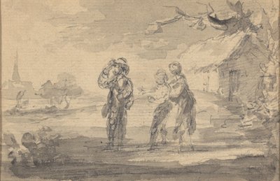 Landskab med tre figurer, sommerhus og kirkespir af Gainsborough Dupont