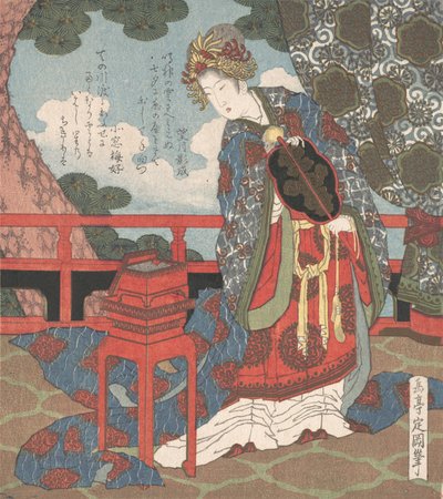 Dame med vifte stående på verandaen, 1800-tallet. af Gakutei