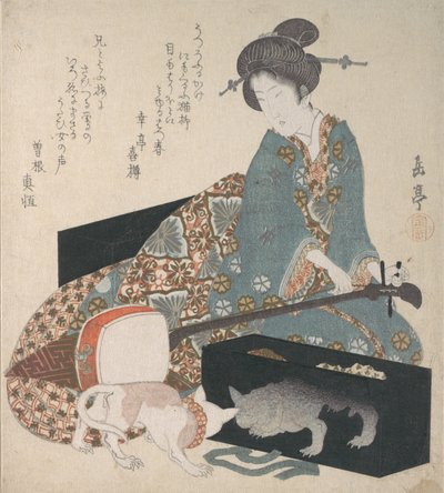 Kvinde tuner en Shamisen og en kat ser på sin egen refleksion, midten af 1820