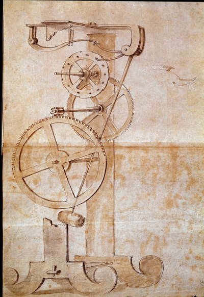 Se et vejende pendul studeret af den italienske astronom og fysiker Galileo Galilei dit Galilee (1564-1642) i 1638 for at måle tid. Tegning. Firenze, Nationalbiblioteket af Galileo Galilei