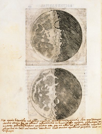 Sidereus Nuncius (Starry Messenger) med tegninger af Månens faser og overflade af Galileo Galilei