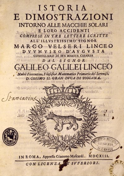 Titelside til Historie og demonstrationer vedrørende solpletter og deres egenskaber af Galileo Galilei