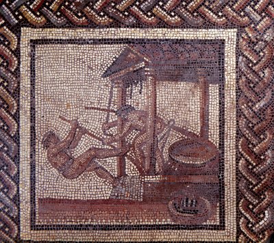 Gallo romersk kunst: mosaikbelægning, der repræsenterer en rustik kalender. En oliepresse. Slutning 2., begyndelsen af 3. århundrede efter JC. Fra Saint-Romain-en-Gal (Rhône). Saint Germain en Laye, Nationalmuseet for arkæologi af Gallo Roman