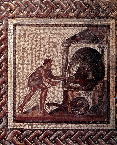 Gallo romersk kunst: mosaikbelægning, der repræsenterer en rustik kalender. Brødfremstillingsscene. Slutning 2., begyndelsen af 3. århundrede efter JC. Fra Saint-Romain-en-Gal (Rhône). Saint Germain en Laye, Nationalmuseet for arkæologi af Gallo Roman