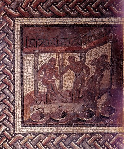 Gallo romersk kunst: mosaikbelægning, der repræsenterer en rustik kalender. Scene med at træde druer i et kar. Slutning 2., begyndelsen af 3. århundrede efter JC. Fra Saint-Romain-en-Gal (Rhône). Saint Germain en Laye, Nationalmuseet for arkæologi af Gallo Roman