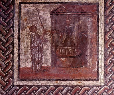 Gallo romersk kunst: mosaikbelægning, der repræsenterer en rustik kalender. Værket har slibeskiven. Slutning 2., begyndelsen af 3. århundrede efter JC. Fra Saint-Romain-en-Gal (Rhône). Saint Germain en Laye, Nationalmuseet for arkæologi af Gallo Roman