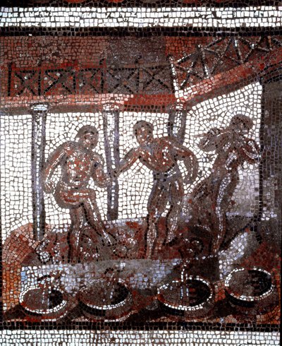 Scene med at træde druer i et kar. (mosaik, slutning 2., begyndelsen af 3. århundrede) af Gallo Roman