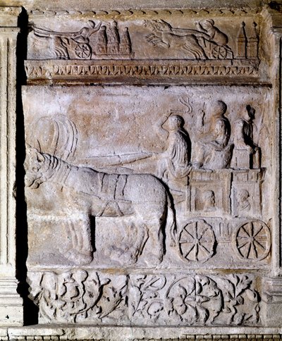 Lavt relief fra den gallo-romerske periode, der viser en vogn affyret af heste med passagerer. Avignon, Musee Calvet af Gallo Roman Gallo Roman