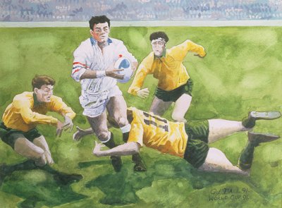Rugbykamp: England mod Australien i VM-finalen, 1991, Will Carling bliver tacklet (wc) af Gareth Lloyd Ball