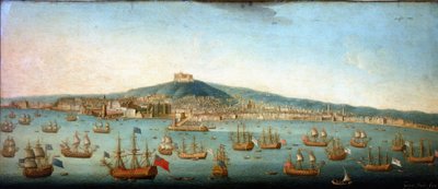 Udsigt over Napolibugten med admiral Byngs flåde for anker af Gaspar Butler