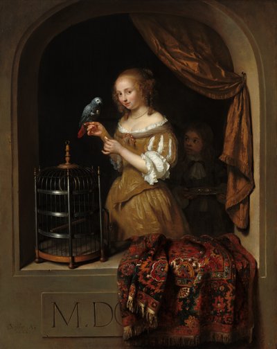 En kvinde fodrer en papegøje med en side, 1666. af Gaspar Netscher