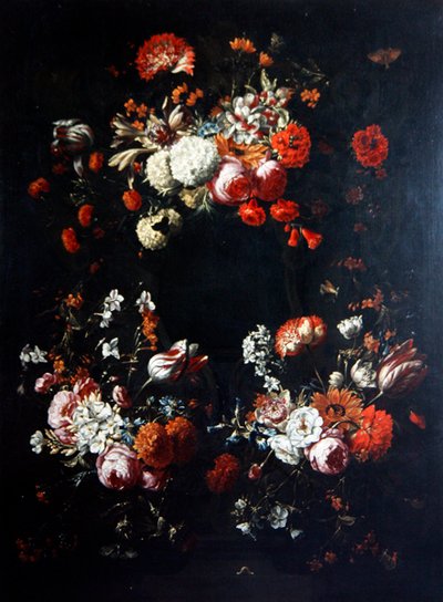 Et blomsterstykke (olie på lærred) af Gaspar Pieter II Verbruggen