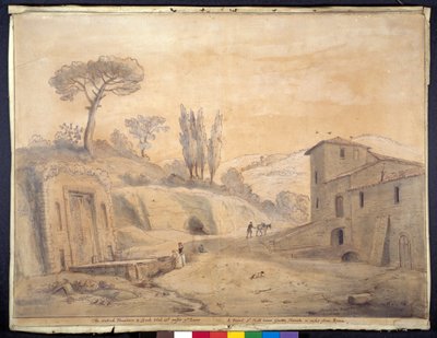 Den antikke springvand og bue ved Grottaferrata, Rom (pen og blæk med akvarel på papir) af Gaspar van Wittel