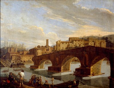 Udsigt over Tiberen i niveau med brudbroen i Rom Maleri af Gaspare Vanvitelli (Gaspar van Wittel, Caspar Van Vitelli) (1653-1736) Dim 39,5x51 cm Milano, Galleria d