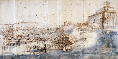 Villa Medici i Rom (blyant og akvarel på papir) af Gaspar van Wittel