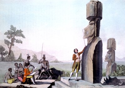 La Perouse med sit mandskab, måler statuerne på Påskeøen (1786), gravering af Gaspard (after) Duche de Vancy