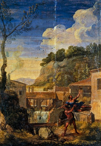 Landskab med Hercules og Antaeus (olie på lærred) af Gaspard Poussin (school of) Dughet