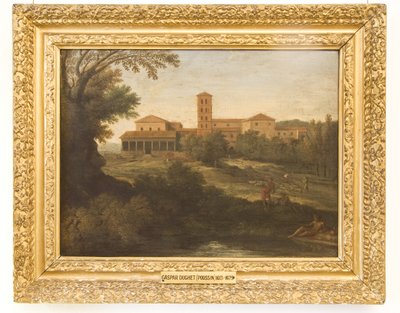 Klassisk landskab med en mand, der driver en flok får af Gaspard Poussin Dughet