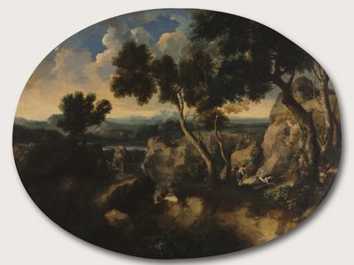 Klippelandskab med jægere, ca. 1635 af Gaspard Poussin Dughet