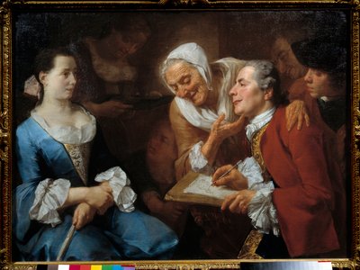 En maler og hans model, bag ham strækker en gammel kvinde nakken for at se hendes tegning. Maleri af Gaspare Traversi (1732- 1769) 1754 søn. 0,99x0,73 m af Gaspare Traversi