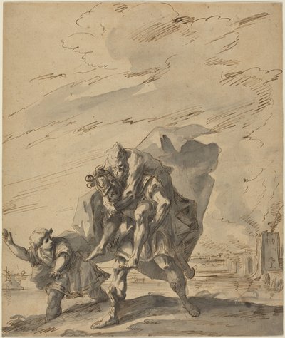 Aeneas bærer Anchises fra det brændende Troja, ca. 1733 (pen og blæk) af Gasparo Diziani