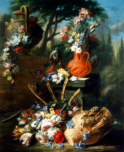 Et stilleben af blomster i terracotta potter (olie på lærred) af Gasparo Lopez