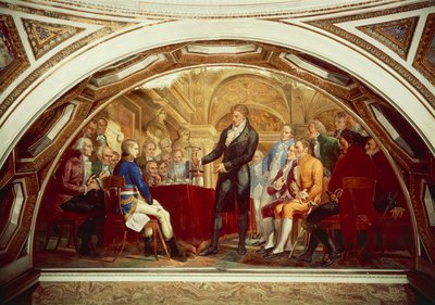 Alessandro Volta (1745-1827) viser sit nyopfundne batteri for Napoleon (1769-1821) på Institut de France i Paris, den 7. november af Gaspero Martellini