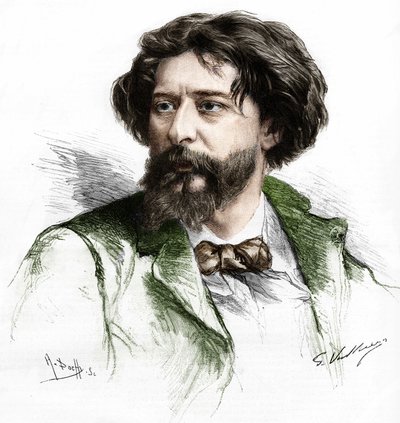 Portræt af Alphonse Daudet (1840-1897), fransk forfatter. Stik af A. Pochy efter Gaston Vuillier, sd. slutningen af det 19. århundrede. af Gaston (after) Vuillier
