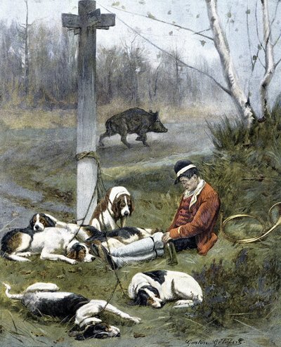 Jægeren og hans søvnige hunde - gravering af Gaston Gelebert af Gaston Gelibert