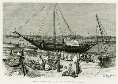 En tepe på Zanzibar-markedet (Tanzania). Gravering af G.Vuillier, for at illustrere historien Voyage among the Benadirs, Somali og Bayouns, i 1882 og 1883, af G.Revoil, i le tour du monde 1888, instrueret af Edouard Charton (1807-1890), Hachette, Paris. af Gaston Vuillier