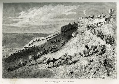 Akabah eller stille kameler op fra campingvognen. Gravering af G.Vuillier, for at illustrere historien "" pelerinage au Nedjed, den arabiske races vugge"", af Lady Anna Blunt, i 1878-1879, udgivet i Tour du monde, under ledelse af Edouard Charton (1807- 1 af Gaston Vuillier