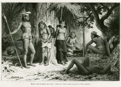 Bivuak og lungetyper i skoven. Gravering af G.Vuillier, til illustration af historien De Koutei a Bandjirmasin, rejse gennem Borneo, af Carl Bock, i le tour du monde 1890, instrueret af Edouard Charton (1807-1890), Hachette, Paris. af Gaston Vuillier
