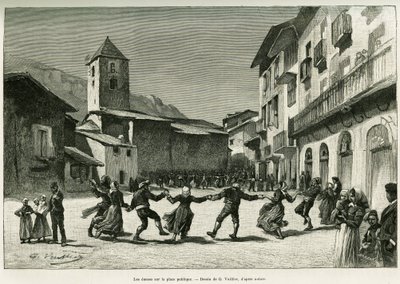 Danser på den offentlige plads. Gravering af G.Vuillier, for at illustrere historien Le val d