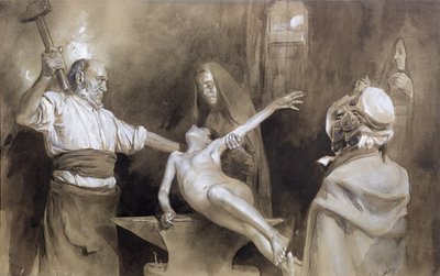 Hammering the Spleen (blyant og vask på papir) af Gaston Vuillier
