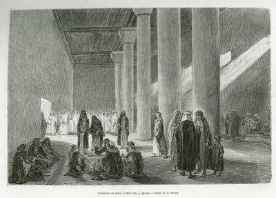Inde i Emir Muhammad Ibn Abdullah Al Rashids (1872-1897) palads i Hail, Saudi-Arabien. Gravering af G.Vuillier, for at illustrere historien "" pelerinage au Nedjed, den arabiske races vugge"", af Lady Anna Blunt, i 1878-1879, udgivet i Tour du mo af Gaston Vuillier
